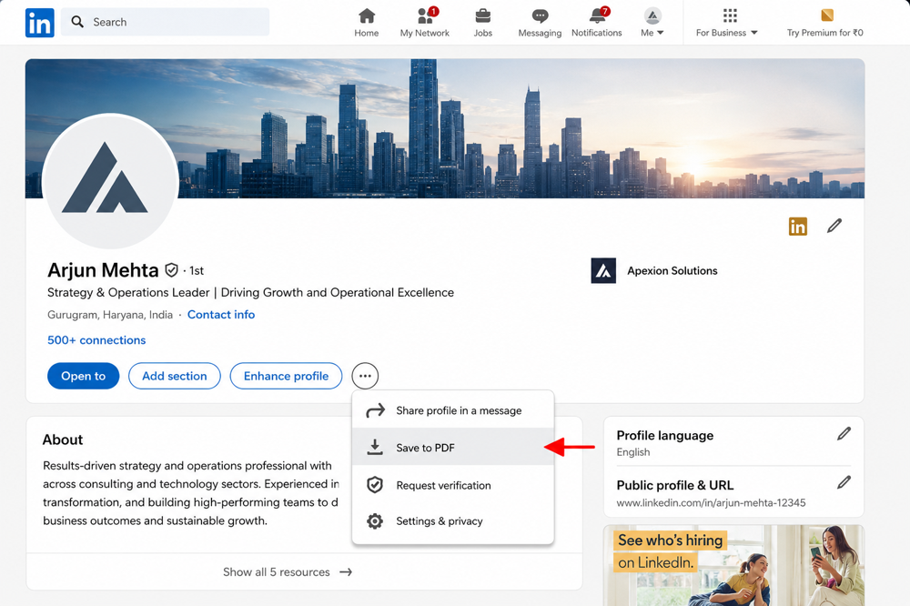 LinkedIn profile menu open, showing the Save to PDF option highlighted